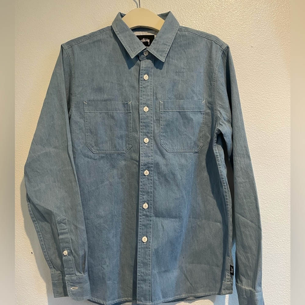 Stussy Mens Button Front Denim Shirt Small Pocket International Streetwear Blue